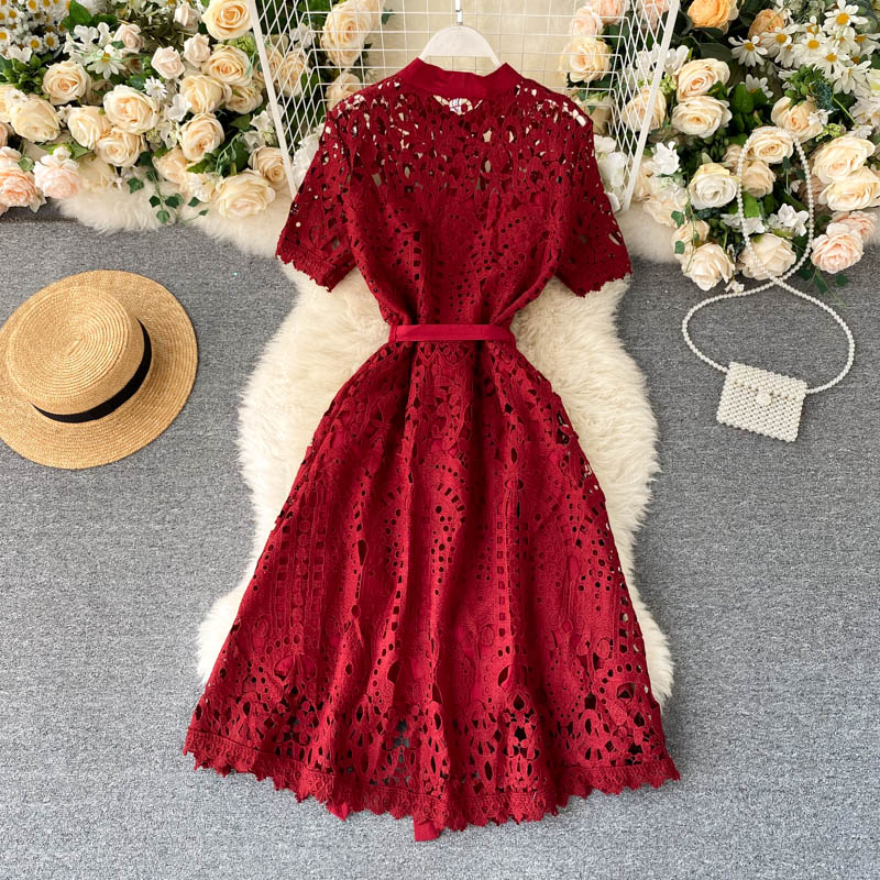 Design Hollow Out Woman's Dress Pink White Lace Elegant Party Dresses Bodycon Short-sleeve Summer Street Dress Woman Clothing