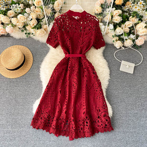 Design Hollow Out Woman's Dress Pink White Lace Elegant Party Dresses Bodycon Short-sleeve Summer Street Dress Woman Clothing