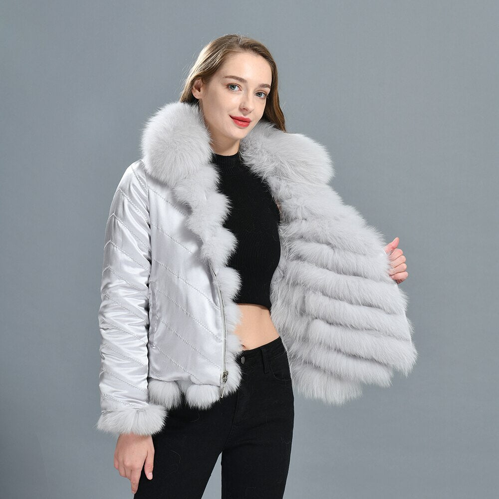 Woman Real Fox Fur Coat With High-Grade Silk Liner Winter Warm Reversible Jacket Lady Fashion Luxury Fur Casaco New Arrival