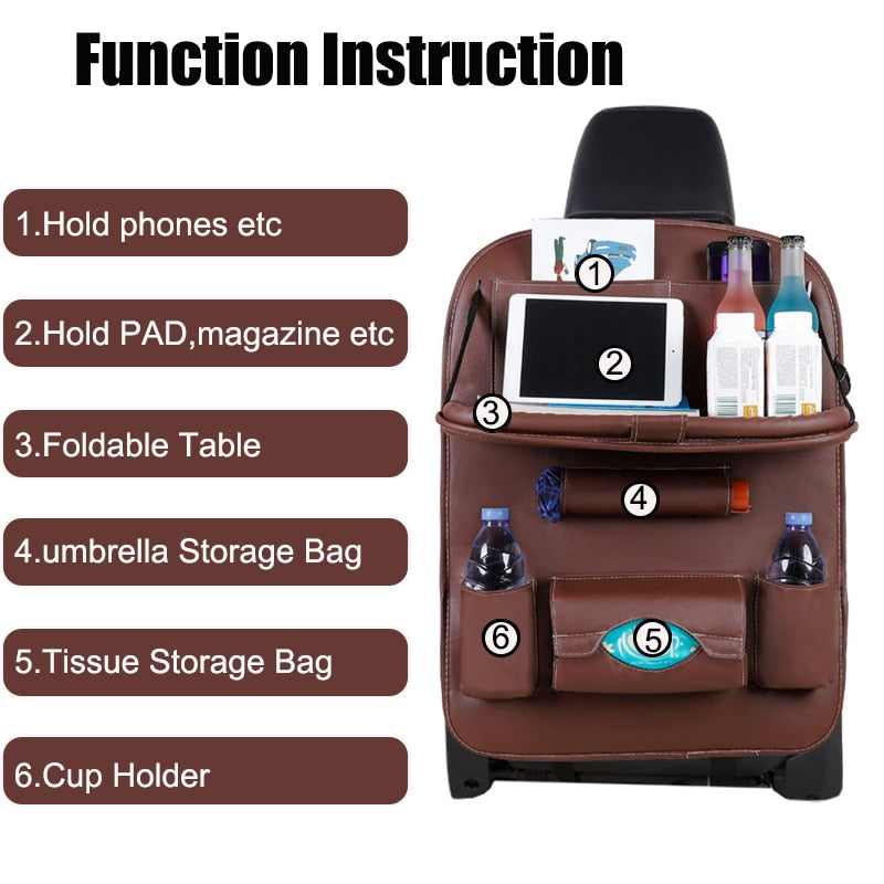 Car Seat Back Organizer Pu Leather Pad Bag Car Storage Organizer Foldable Table Tray Travel Storage Bag Auto Accessories