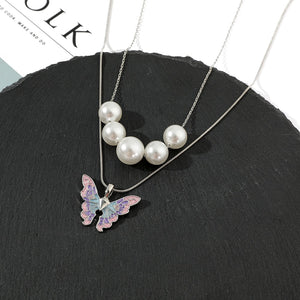 Disney Barbie Fairytopia Mermaidia Enamel Butterfly Pendant Necklace For Women Thai Pop Imitation Pearl Multilayer Jewelry