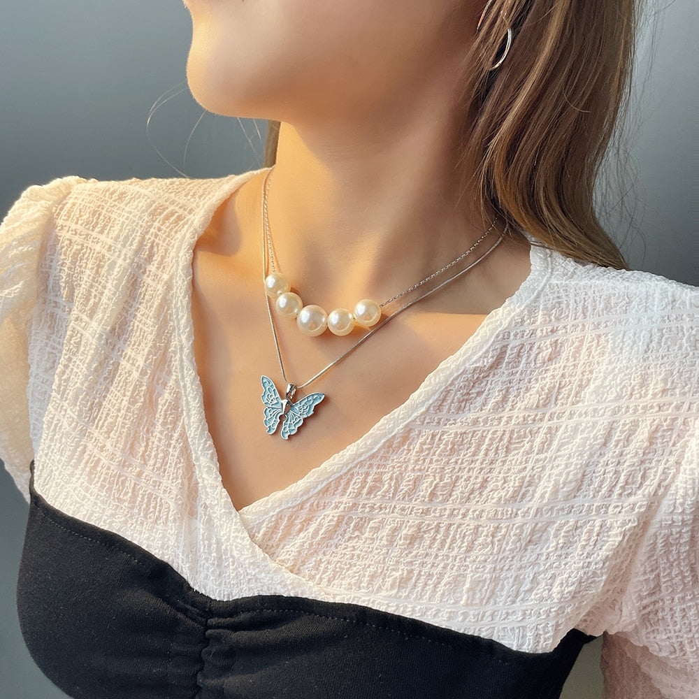 Disney Barbie Fairytopia Mermaidia Enamel Butterfly Pendant Necklace For Women Thai Pop Imitation Pearl Multilayer Jewelry