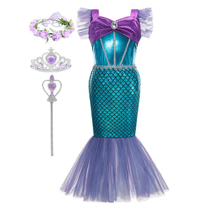 Disney Girl Princess Little Mermaid Ariel Dress Kids Cosplay Costume Children Carnival Birthday Party Clothes Summer Dress Girls