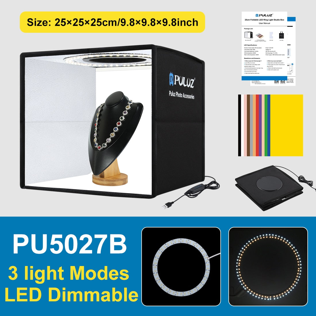 PULUZ Softbox 3 Color light Modes Lightbox Dimmable Led Ring Light Box Photo Lighting Studio Shooting Tent Box 6 Color Backdrops