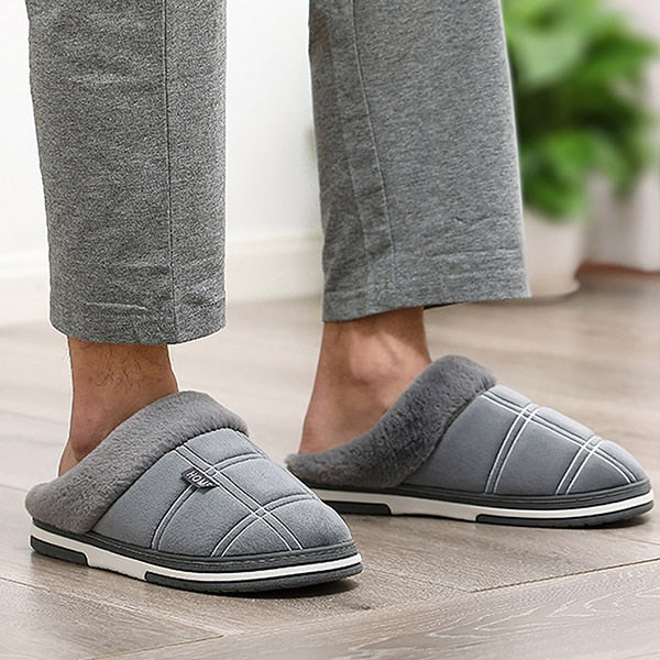 Men&#39;s Slippers Home Antiskid Sewing Suede Winter Indoor slippers Male slipper Plush Cozy House slippers with fur Big size 15 16