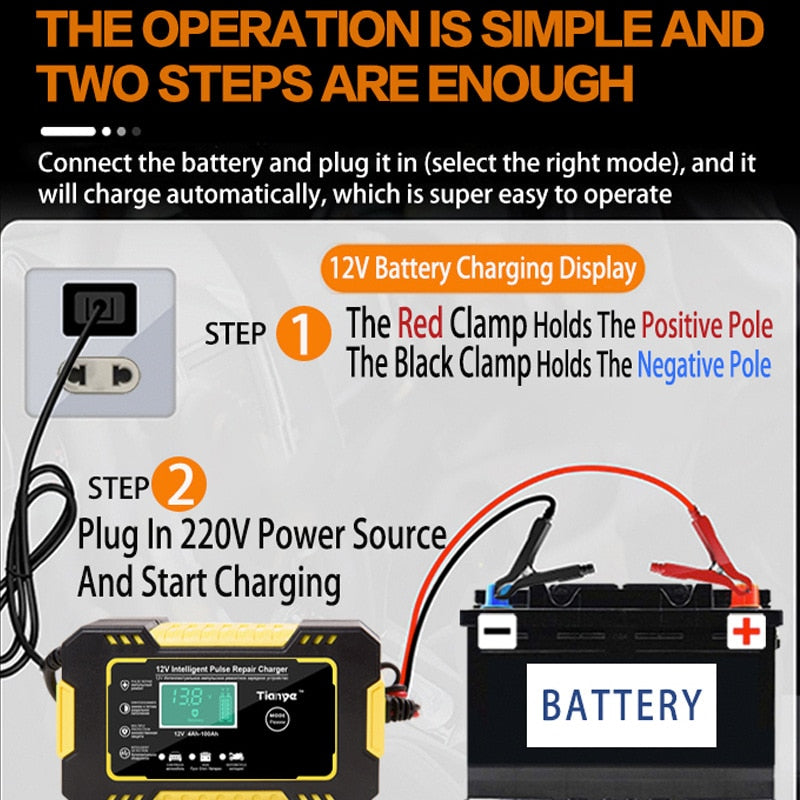 Intelligent Car Motorcycle Battery Charger 12V 6A For Auto Moto Lead Acid AGM Gel VRLA Smart Charging 6A 12V Digital LCD Display