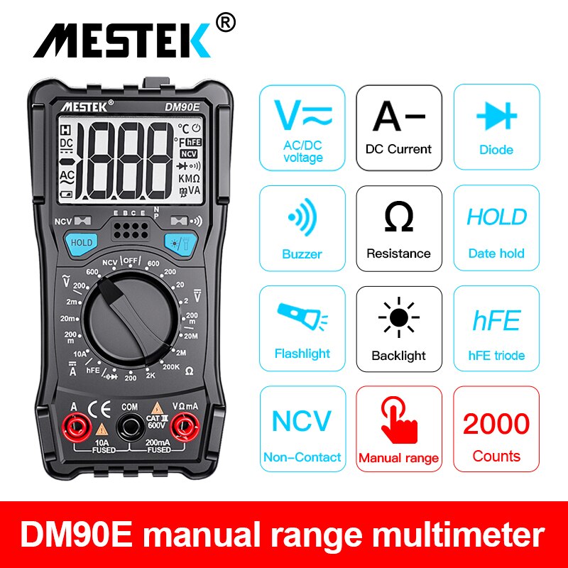 Mestek DM90A Digital Multimeter Auto Range T-RMS DC AC Voltage Current Capacitance Ohm Diode multimetro Temperature Multimeter