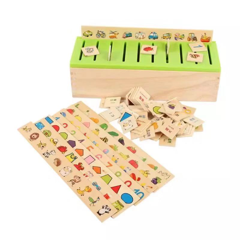 Kids Montessori Sorting Box Learning Fruit Digital Vehicle Shape Cognition Classified Toys Wooden Cards Puzzles Early Education