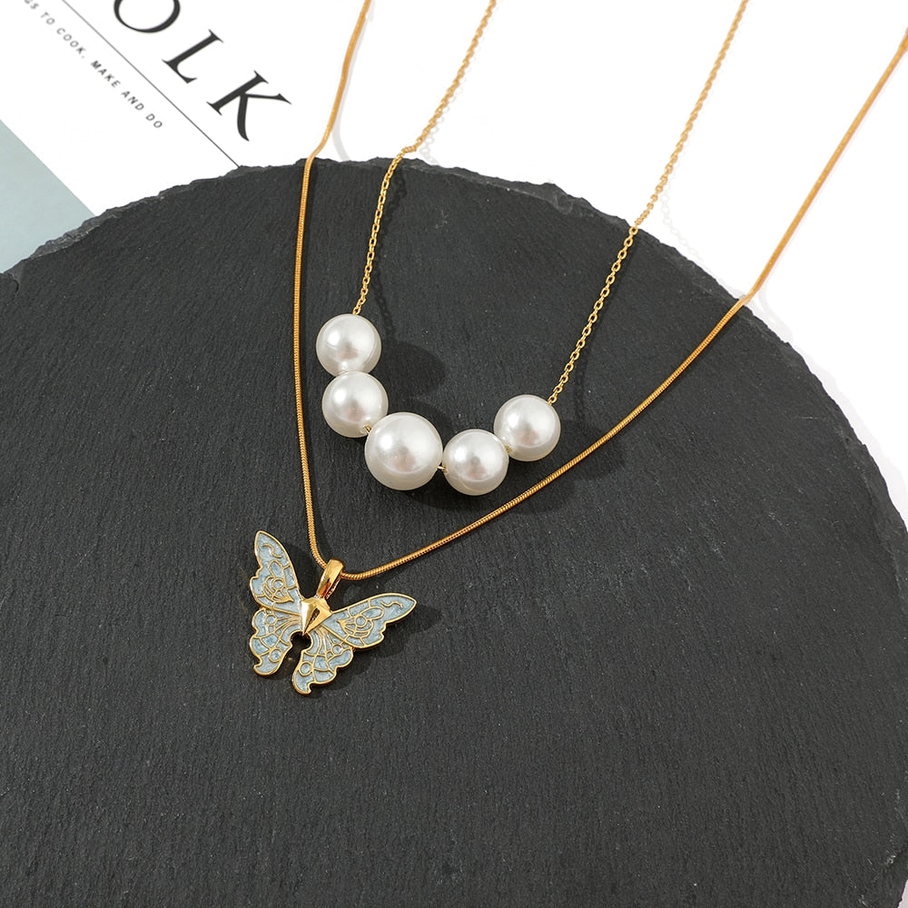 Disney Barbie Fairytopia Mermaidia Enamel Butterfly Pendant Necklace For Women Thai Pop Imitation Pearl Multilayer Jewelry