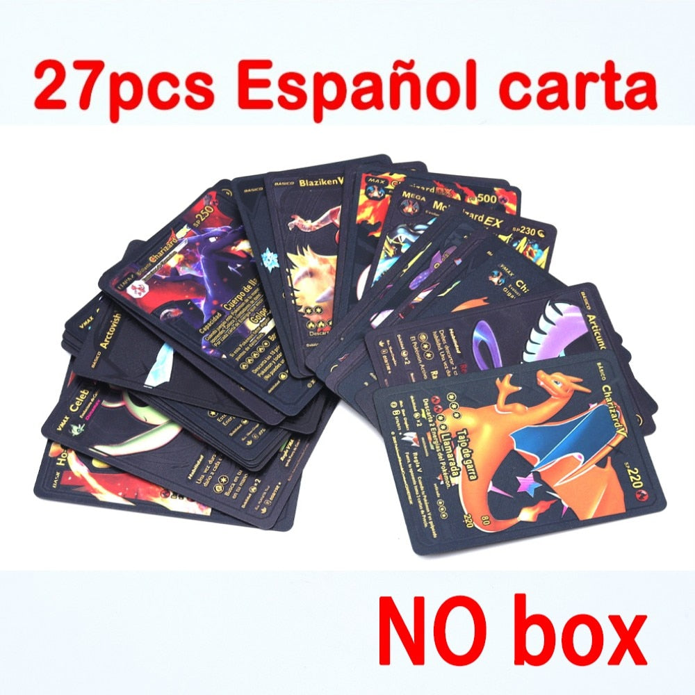 Pokemon Metal Card Spanish Box Gold Black Golden Letters Silver English Vmax Gx Collection Charizard Pikachu Cards Pack Toy Gift