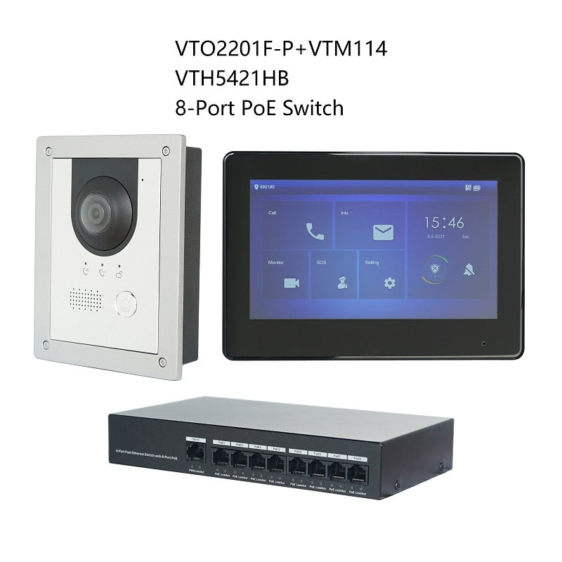 DH Multi-Language IP Video Intercom KIT,VTO2201F-P & VTH5421HW /VTH5421HB & PoE switch,support SIP, replace VTO2202F-P-S2
