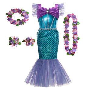 Disney Girl Princess Little Mermaid Ariel Dress Kids Cosplay Costume Children Carnival Birthday Party Clothes Summer Dress Girls