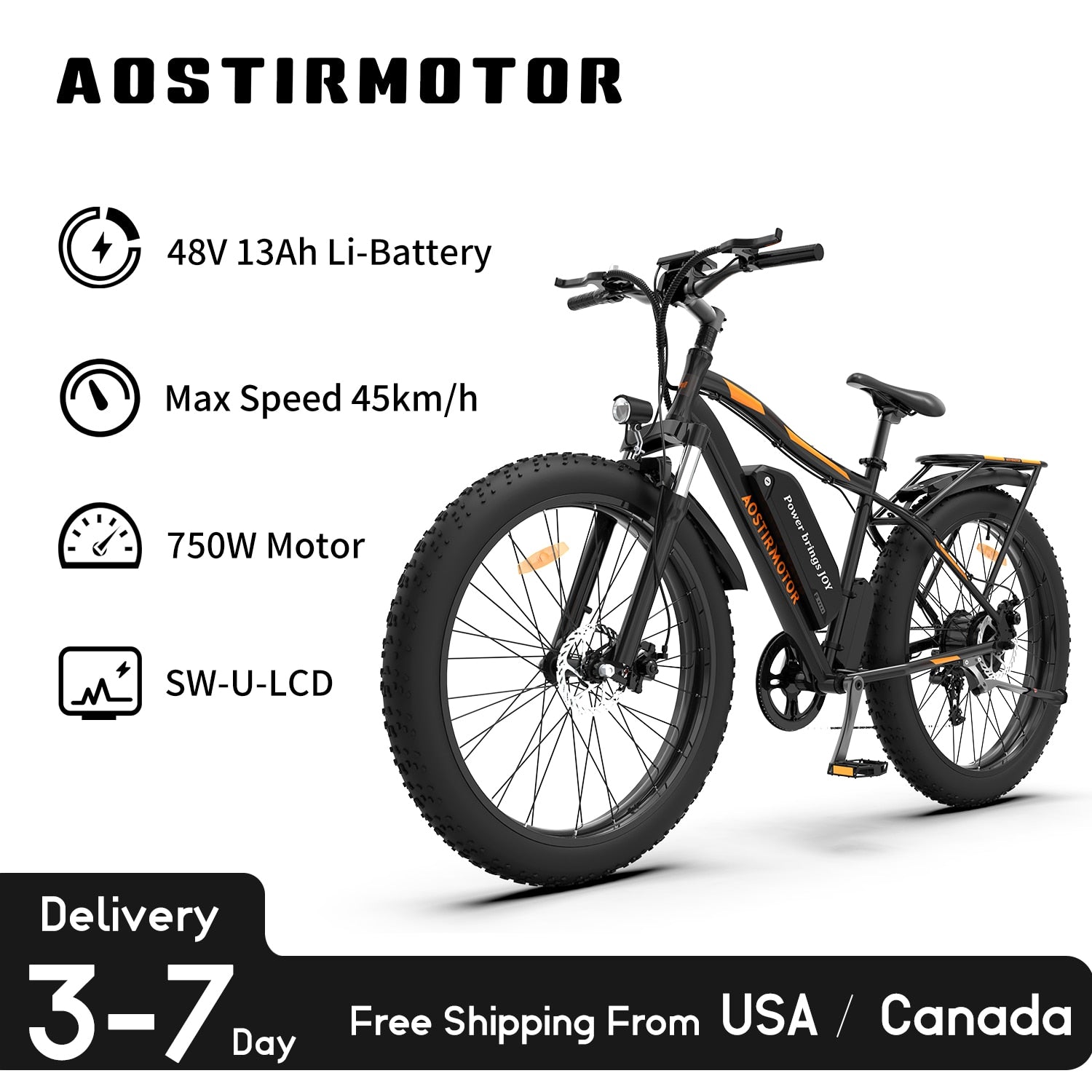 AOSTIRMOTOR S07-B Ebike 750W Motor 48V 13Ah Battery Electric Bike Beach Bicycle 26In 4.0 Fat Tire Mountain Bike With Rear Shelf