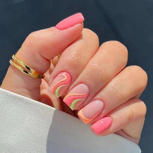 24Pcs/Box Charming Pink Flame Short Ballet Wearable Fake Nails press on Square Head Full Cover Detachable Finished Fingernails