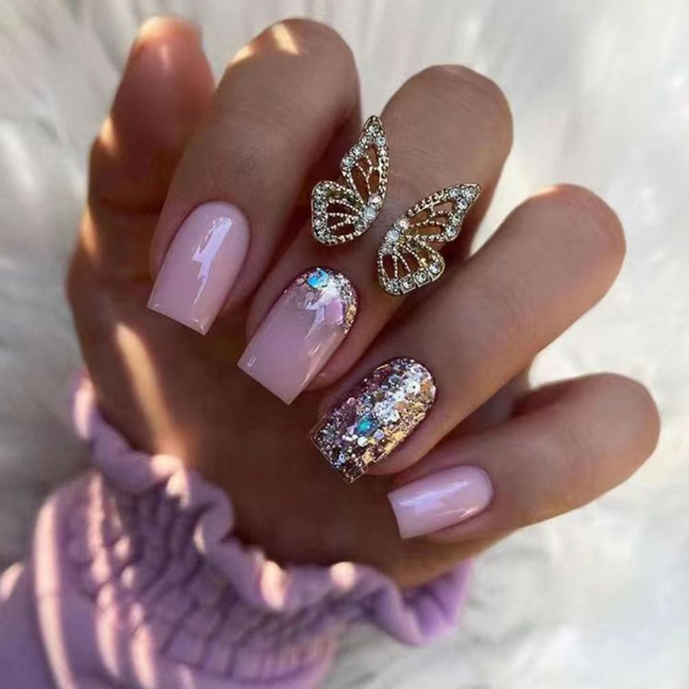 24Pcs/Box Charming Pink Flame Short Ballet Wearable Fake Nails press on Square Head Full Cover Detachable Finished Fingernails
