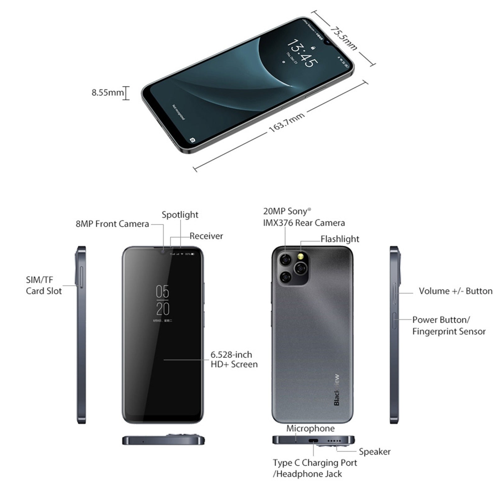 Blackview A95 Android 11 Smartphone 6.528" Screen MTK Helio Octa Core 8GB RAM+128GB ROM 4380mAh 20MP Rear Camera 4G Mobile Phone