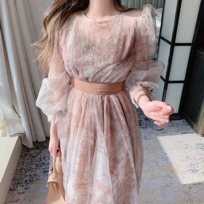 Blue Mesh Vintage Dress Woman 2022 O-neck Puff Sleeve Bodycon Dress Female Lace Up Flower Printed Elegant Woman's Clothing Chic