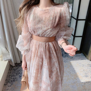 Blue Mesh Vintage Dress Woman 2022 O-neck Puff Sleeve Bodycon Dress Female Lace Up Flower Printed Elegant Woman's Clothing Chic