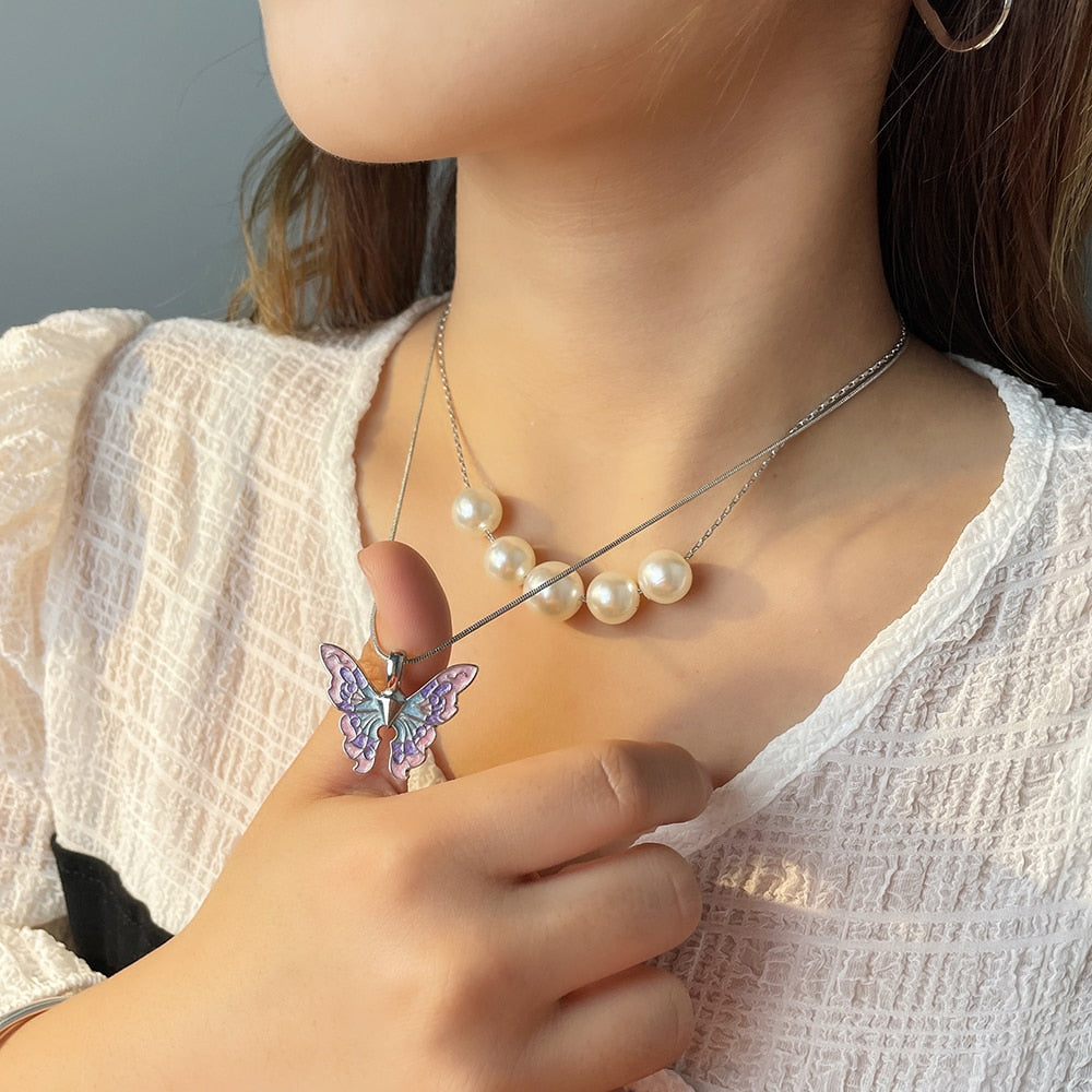 Disney Barbie Fairytopia Mermaidia Enamel Butterfly Pendant Necklace For Women Thai Pop Imitation Pearl Multilayer Jewelry