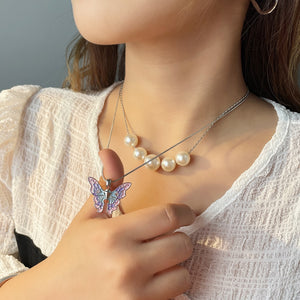 Disney Barbie Fairytopia Mermaidia Enamel Butterfly Pendant Necklace For Women Thai Pop Imitation Pearl Multilayer Jewelry