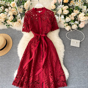 Design Hollow Out Woman's Dress Pink White Lace Elegant Party Dresses Bodycon Short-sleeve Summer Street Dress Woman Clothing