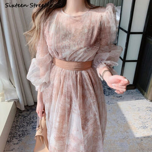 Blue Mesh Vintage Dress Woman 2022 O-neck Puff Sleeve Bodycon Dress Female Lace Up Flower Printed Elegant Woman's Clothing Chic