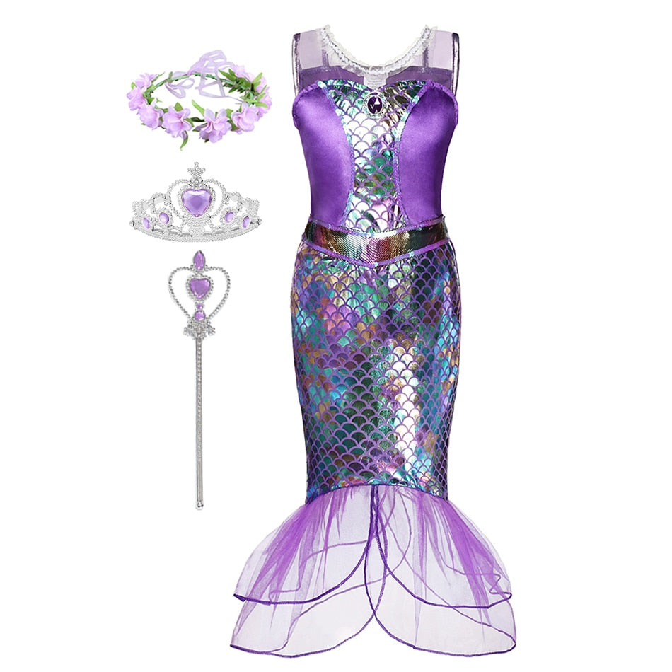 Disney Girl Princess Little Mermaid Ariel Dress Kids Cosplay Costume Children Carnival Birthday Party Clothes Summer Dress Girls