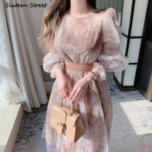 Blue Mesh Vintage Dress Woman 2022 O-neck Puff Sleeve Bodycon Dress Female Lace Up Flower Printed Elegant Woman's Clothing Chic
