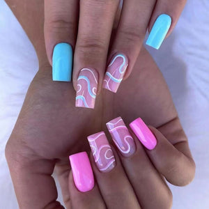 24Pcs/Box Charming Pink Flame Short Ballet Wearable Fake Nails press on Square Head Full Cover Detachable Finished Fingernails