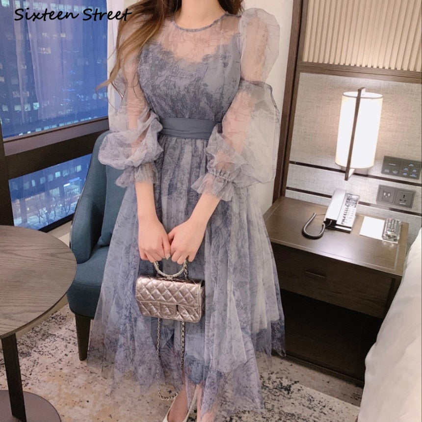 Blue Mesh Vintage Dress Woman 2022 O-neck Puff Sleeve Bodycon Dress Female Lace Up Flower Printed Elegant Woman's Clothing Chic