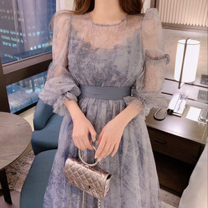 Blue Mesh Vintage Dress Woman 2022 O-neck Puff Sleeve Bodycon Dress Female Lace Up Flower Printed Elegant Woman's Clothing Chic