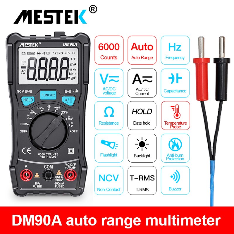 Mestek DM90A Digital Multimeter Auto Range T-RMS DC AC Voltage Current Capacitance Ohm Diode multimetro Temperature Multimeter