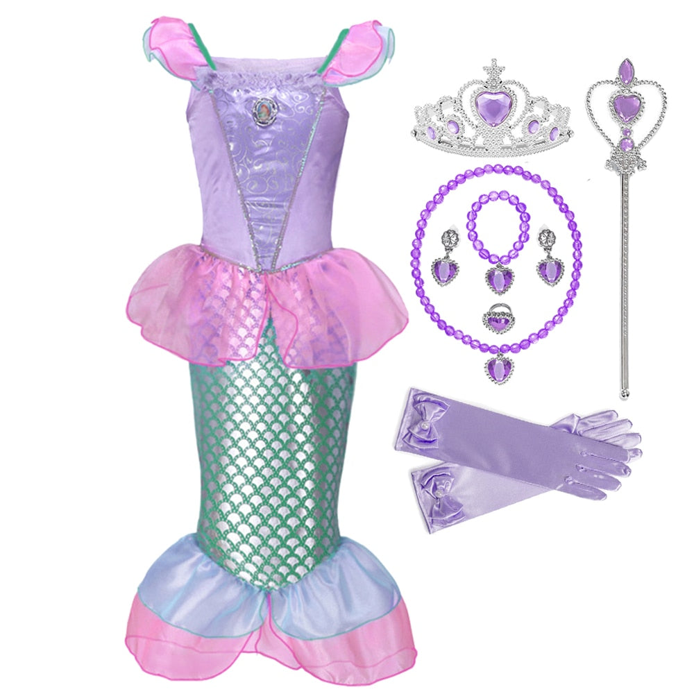Disney Girl Princess Little Mermaid Ariel Dress Kids Cosplay Costume Children Carnival Birthday Party Clothes Summer Dress Girls