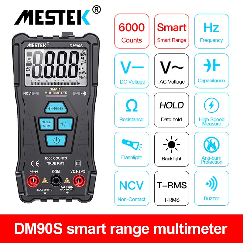 Mestek DM90A Digital Multimeter Auto Range T-RMS DC AC Voltage Current Capacitance Ohm Diode multimetro Temperature Multimeter