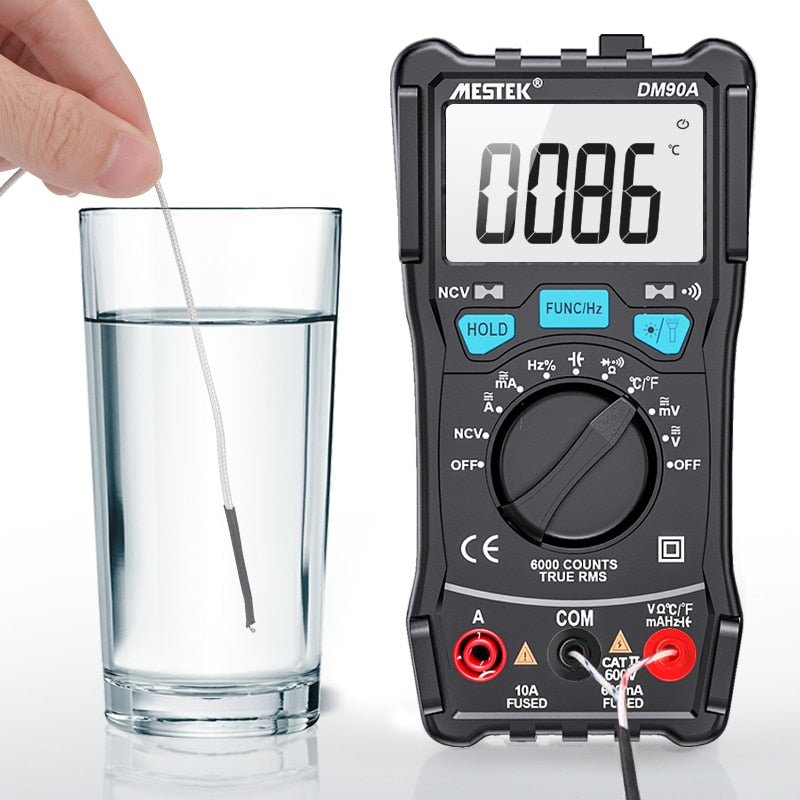 Mestek DM90A Digital Multimeter Auto Range T-RMS DC AC Voltage Current Capacitance Ohm Diode multimetro Temperature Multimeter