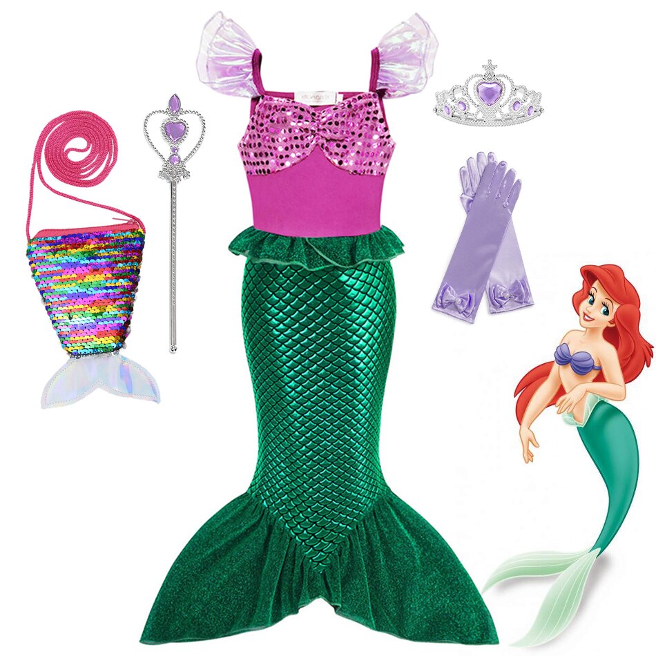 Disney Girl Princess Little Mermaid Ariel Dress Kids Cosplay Costume Children Carnival Birthday Party Clothes Summer Dress Girls