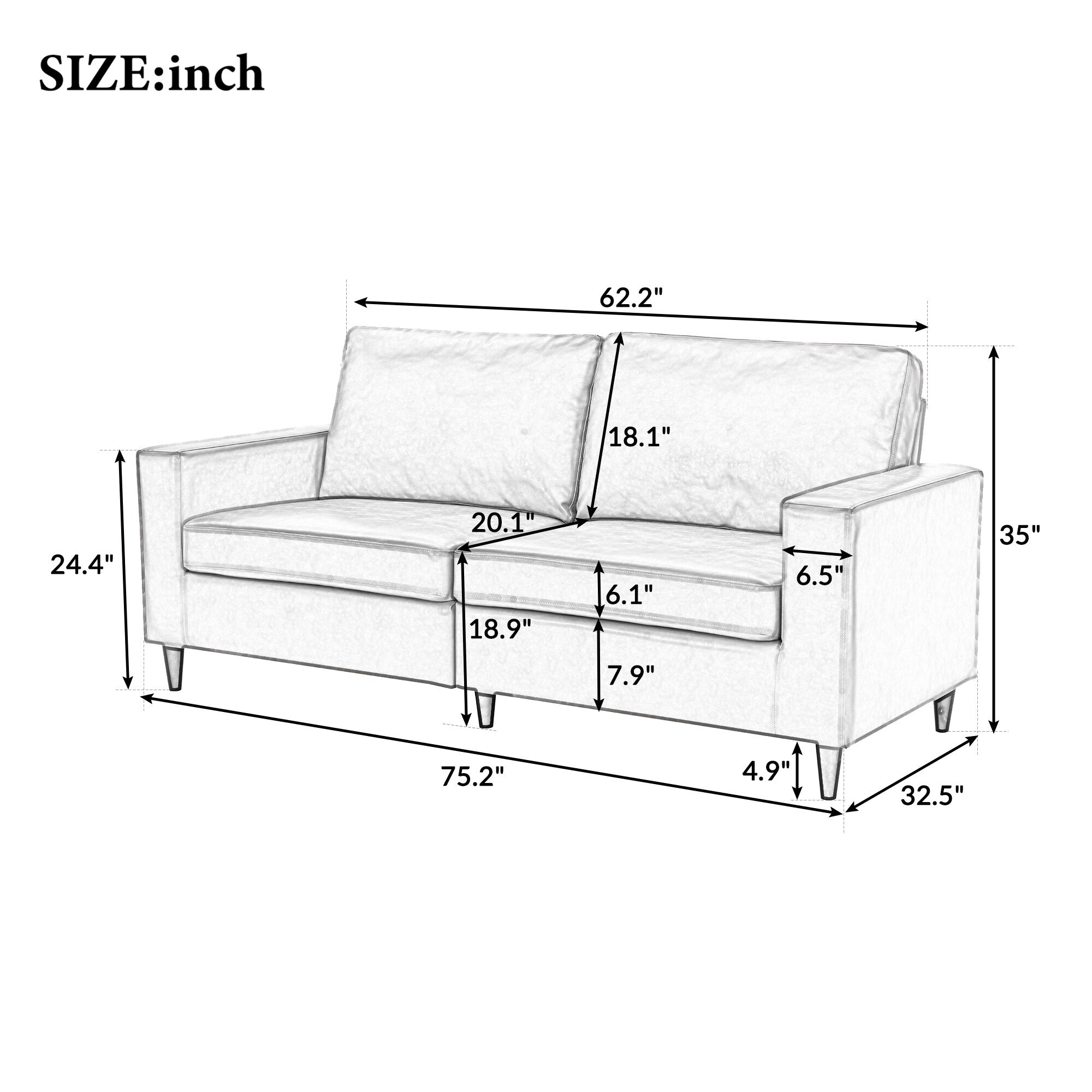 Furniture  Modern Style  3 Seat Sofa  PU Leather Upholstered Couch Furniture for Home or Office (3-Seat Sofa)