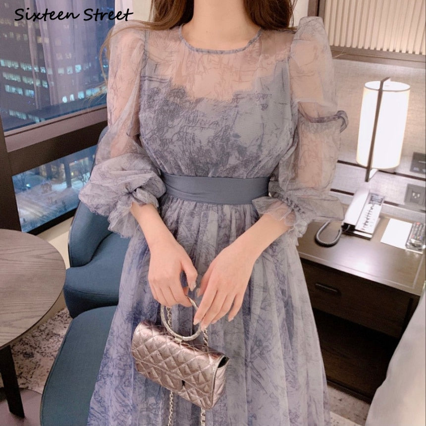 Blue Mesh Vintage Dress Woman 2022 O-neck Puff Sleeve Bodycon Dress Female Lace Up Flower Printed Elegant Woman's Clothing Chic