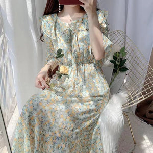 Blue Mesh Vintage Dress Woman 2022 O-neck Puff Sleeve Bodycon Dress Female Lace Up Flower Printed Elegant Woman's Clothing Chic