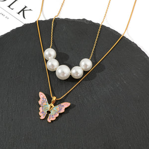 Disney Barbie Fairytopia Mermaidia Enamel Butterfly Pendant Necklace For Women Thai Pop Imitation Pearl Multilayer Jewelry