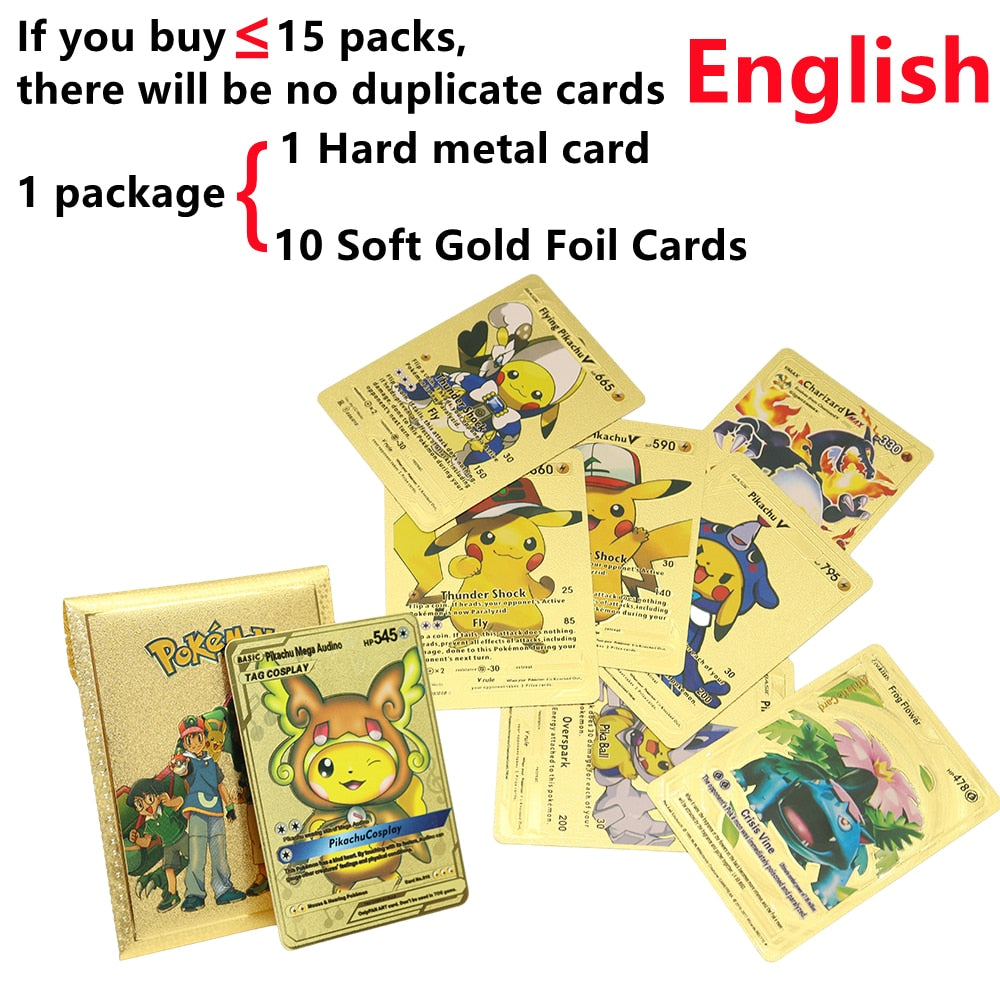 Pokemon Metal Card Spanish Box Gold Black Golden Letters Silver English Vmax Gx Collection Charizard Pikachu Cards Pack Toy Gift