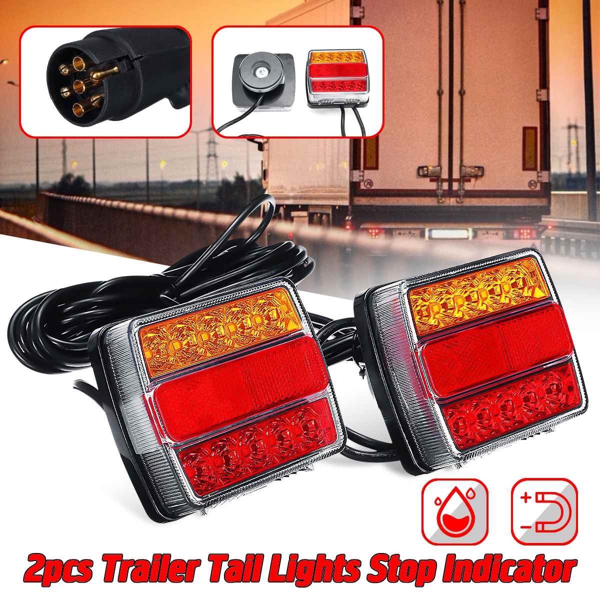 Pair 12V Magnetic LED Truck Tail Light Rear License plate Light Warning Brake Lamp Signal for Trailer Caravans Campers ATV Boat