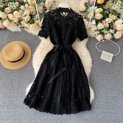 Design Hollow Out Woman's Dress Pink White Lace Elegant Party Dresses Bodycon Short-sleeve Summer Street Dress Woman Clothing