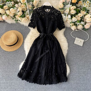 Design Hollow Out Woman's Dress Pink White Lace Elegant Party Dresses Bodycon Short-sleeve Summer Street Dress Woman Clothing