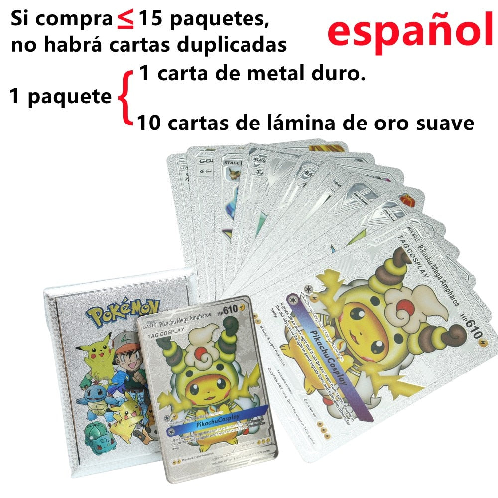 Pokemon Metal Card Spanish Box Gold Black Golden Letters Silver English Vmax Gx Collection Charizard Pikachu Cards Pack Toy Gift