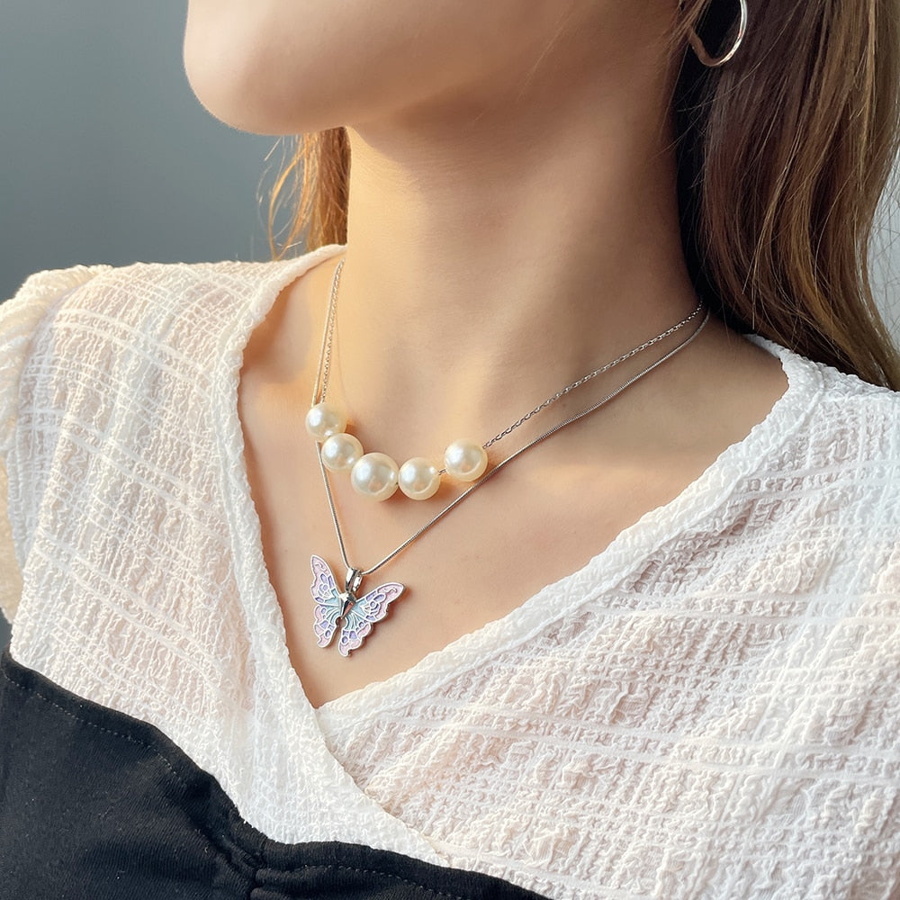 Disney Barbie Fairytopia Mermaidia Enamel Butterfly Pendant Necklace For Women Thai Pop Imitation Pearl Multilayer Jewelry