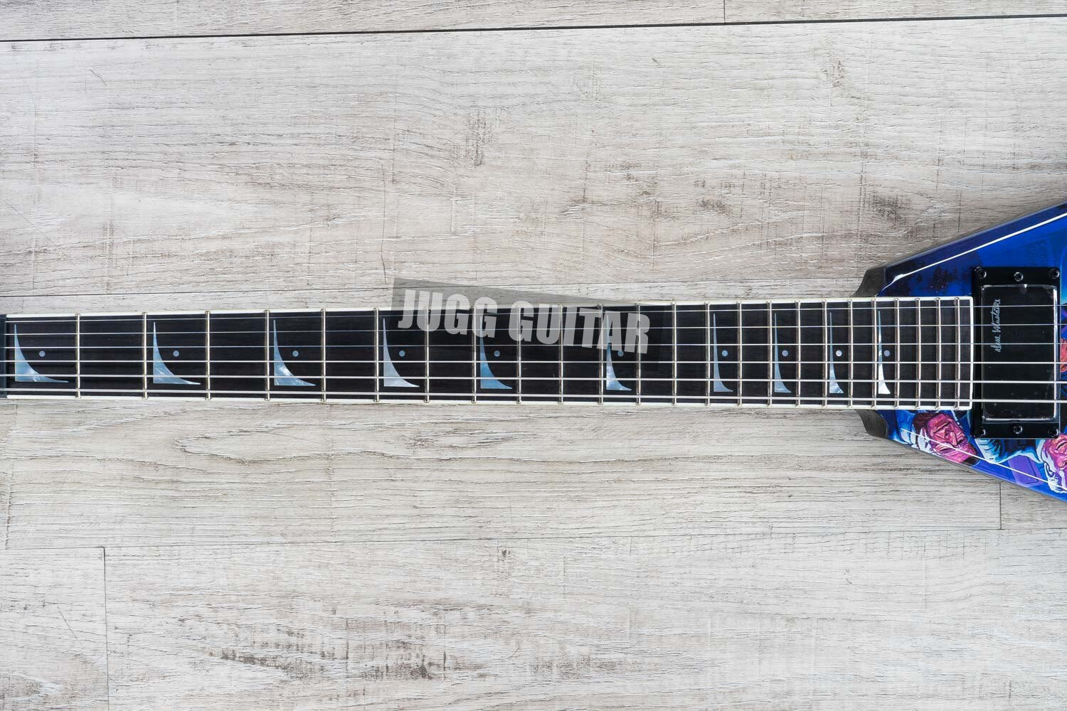 Rare Mustaine Megadeth Rust In Peace Blue Flying V Electric Guitar Grover Tuners, 9V Battery Box, Black Hardware