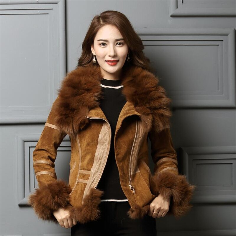 IANLAN Genuine Leather , Silver Fox Fur Collar & Cuff  Jacket