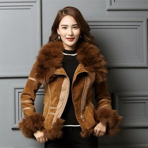 IANLAN Genuine Leather , Silver Fox Fur Collar & Cuff  Jacket