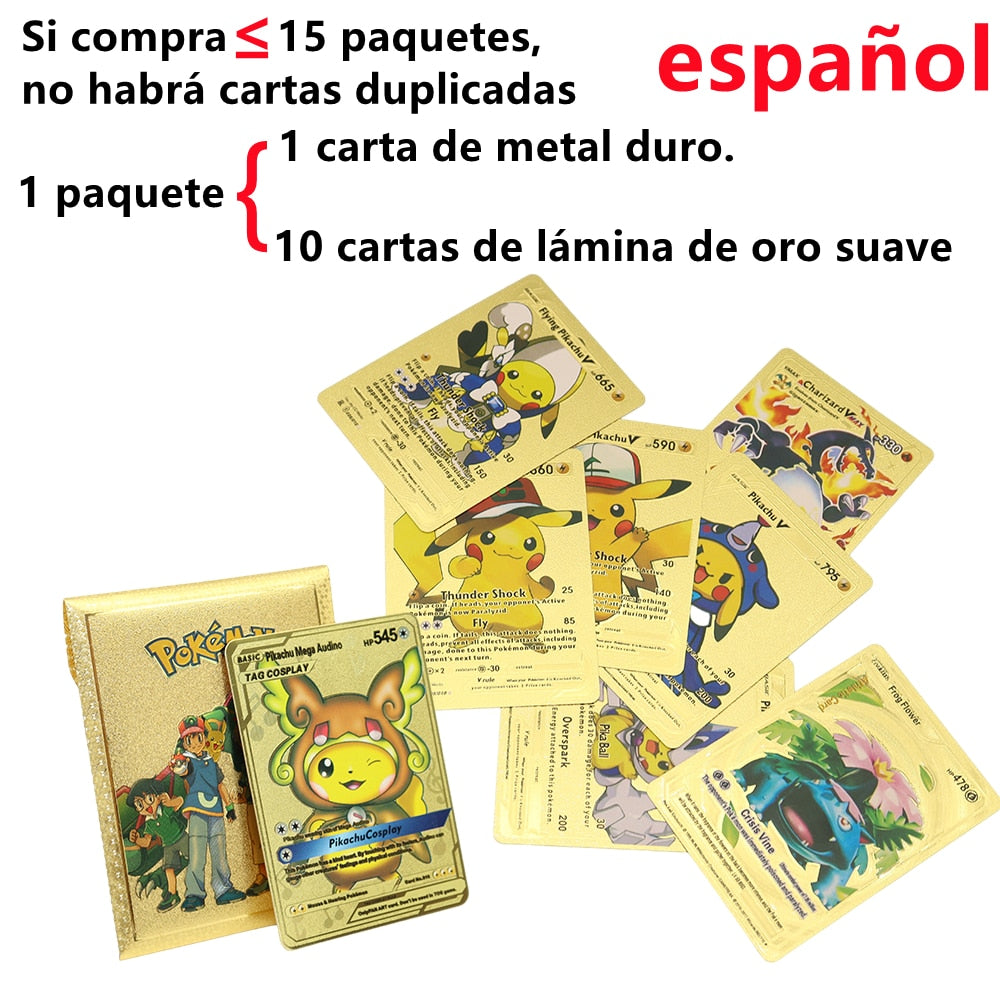 Pokemon Metal Card Spanish Box Gold Black Golden Letters Silver English Vmax Gx Collection Charizard Pikachu Cards Pack Toy Gift